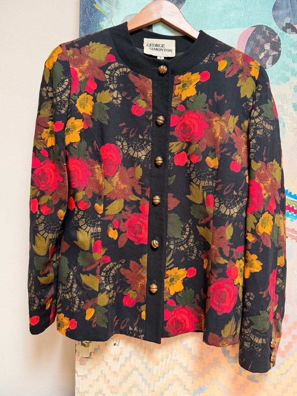 Vintage Neiman Marcus George Simonton Floral Print Mandarin Collar Blazer